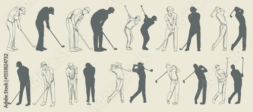 Golf retro logo with clubs balls and golfer. Vintage country golf club emblem set. Vector illustration.