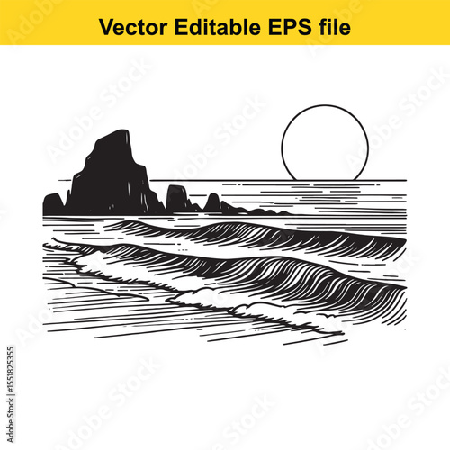 Monochrome Seaside Landscape Vector Graphic of Ocean Waves and Rocky Outcrops with a Circular Setting Sun Illustration