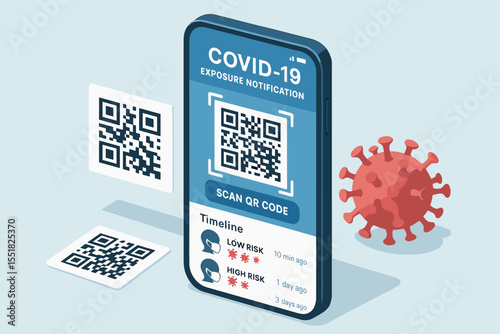 Covid-19 exposure notification app with qr codes and virus graphic