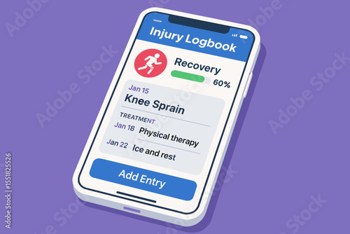 Injury logbook app interface on smartphone display with recovery progress