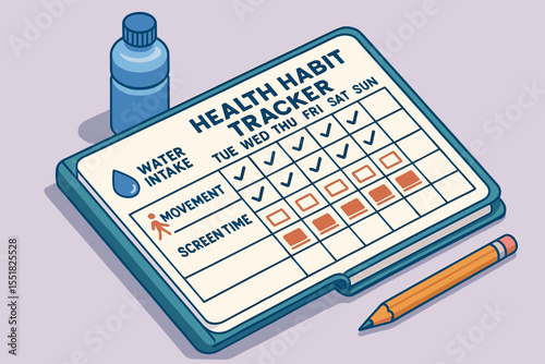 Health habit tracker with water intake and movement checklists on desk