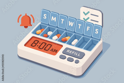 Weekly pill organizer with digital alarm and refill reminder