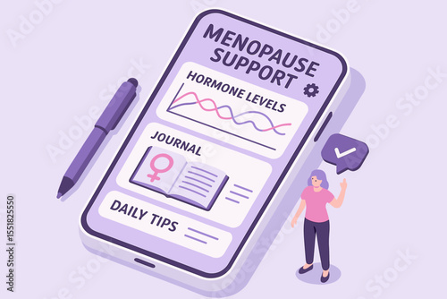 Menopause support app interface with hormone tracking and daily tips