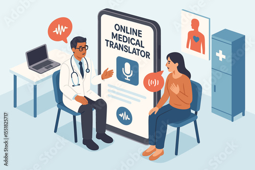 Asian male doctor and hispanic female patient using online medical translator for communication