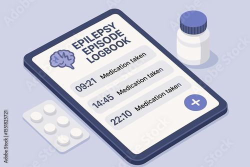 Epilepsy medication logbook with pill bottle and tablet blister pack illustration