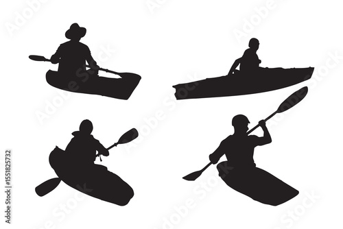Adventure Kayaking Silhouette Set Featuring Paddlers in Narrow Boats with Double Bladed Oars Navigating Mountain River Currents Vector Illustration on White Background
