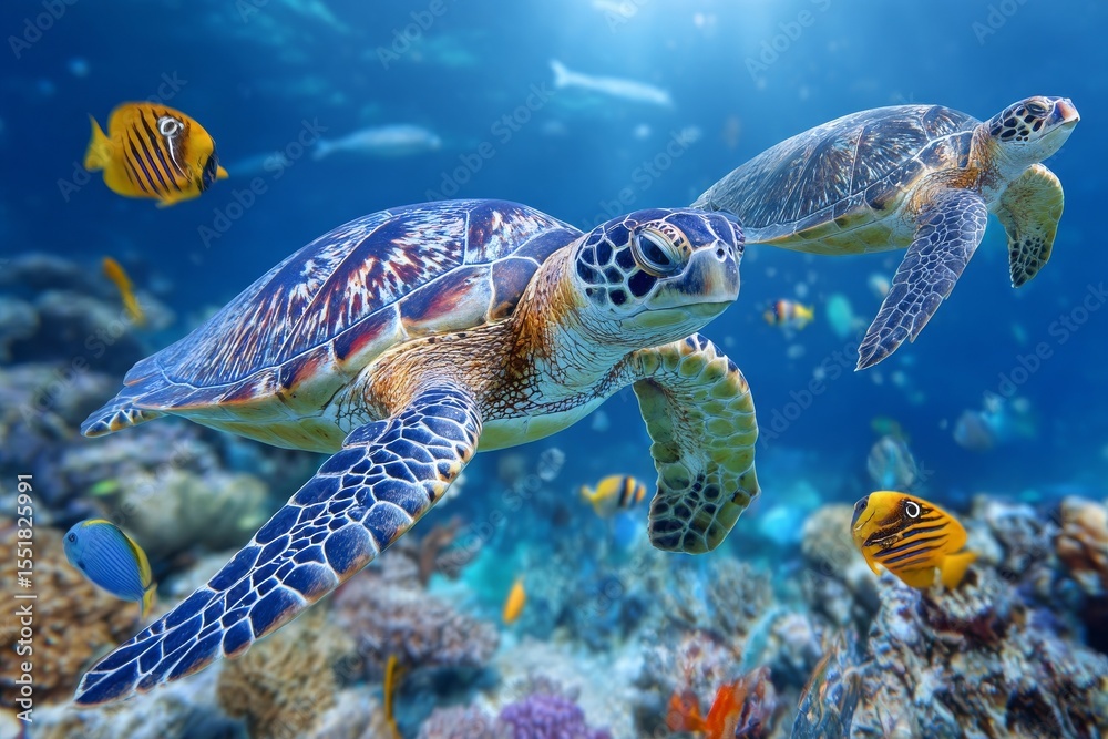 Fototapeta premium A sea turtle is swimming beneath the sea, surrounded by stunning underwater scenery and vibrant coral in the Pacific Ocean's wild natural environment, all generated using stock