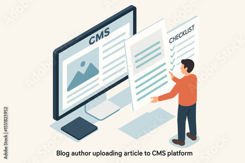 Male author uploading article to cms platform on desktop computer