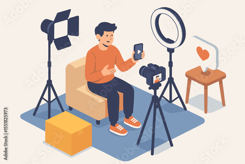 Asian male content creator filming video in studio with professional equipment