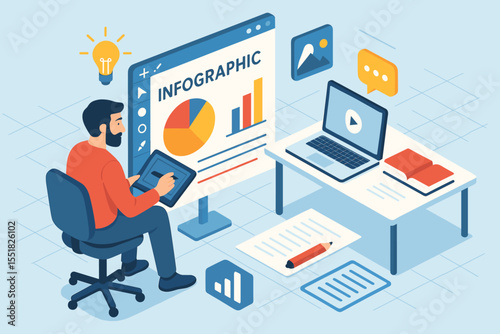 Caucasian male adult creating engaging infographics on digital tablet at office desk