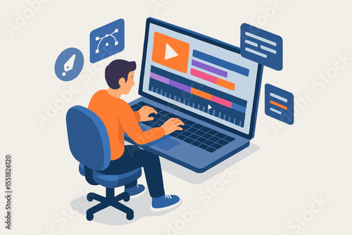 Young caucasian male editing video on laptop in modern digital workspace
