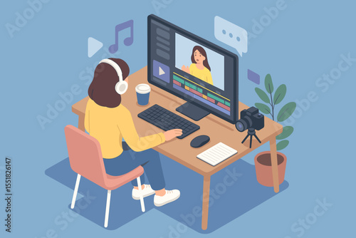 Young female editing video content on computer in home studio setting
