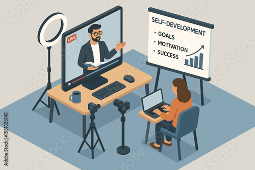 Virtual seminar: male instructor teaching enthusiastic female student on self-development