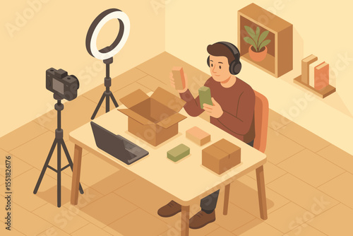 Young caucasian male content creator unboxing products with video equipment in studio