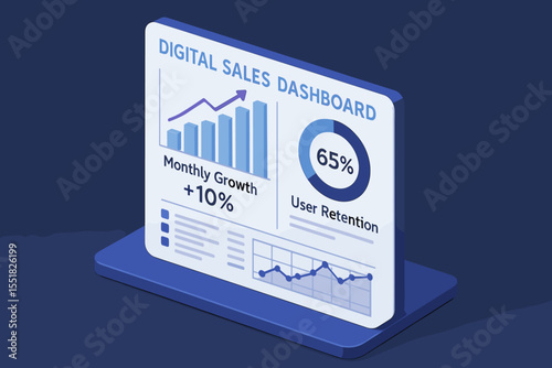 Digital sales dashboard display with monthly growth and user retention metrics