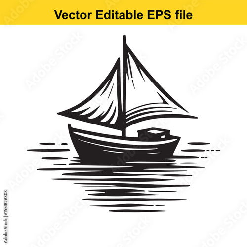 Monochrome Silhouette of a Sailboat on Water Serene Marine Vessel Graphic Design and Maritime Illustration