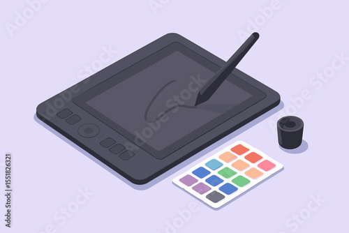 Digital drawing tablet with stylus and color palette on lavender background