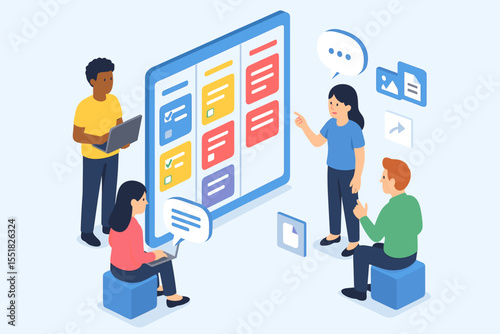 Diverse team collaboration on digital project management board