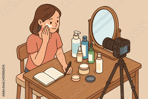 Young caucasian female vlogger recording skincare routine at home