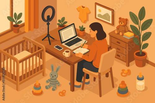Young asian female in home office with baby crib and laptop in cozy room