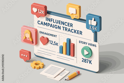 Social media campaign analytics dashboard with statistics and engagement icons