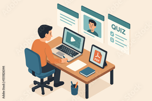 Young hispanic male engaging in online education with laptop and digital tools