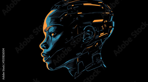 Profile silhouette of an advanced AI android robot with defined facial structure and tech detailing
