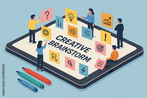 Collaborative creative brainstorming concept with diverse team on tablet illustration