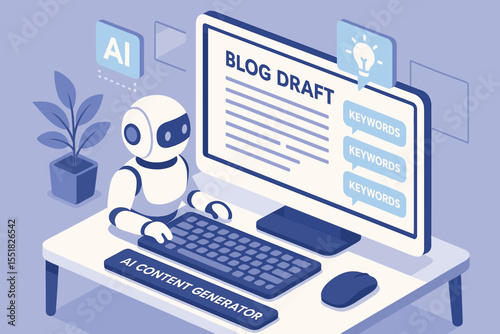 Ai robot writing blog draft on computer in modern workspace