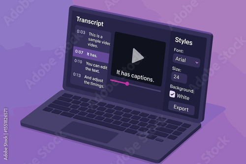 Caption editor interface on laptop with video transcript and style options
