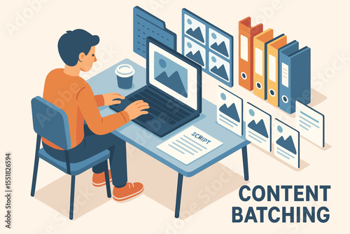 Male adult creating content on laptop with organized files and documents