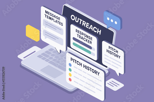 Communication management dashboard with laptop and digital tools