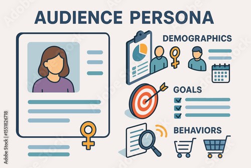 Audience persona analysis: demographics, goals, behaviors illustrated with icons