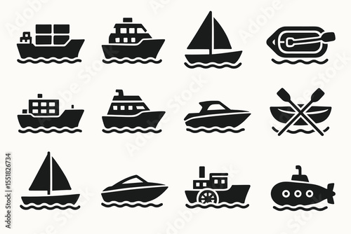 Collection of silhouetted boat icons featuring various vessels including sailboat and submarine