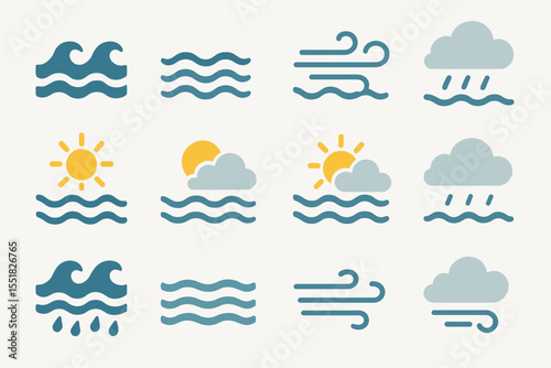 Weather icons set: sun, waves, wind, rain in flat design