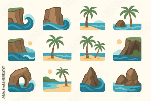Cartoon tropical beach scenes with palm trees and ocean waves