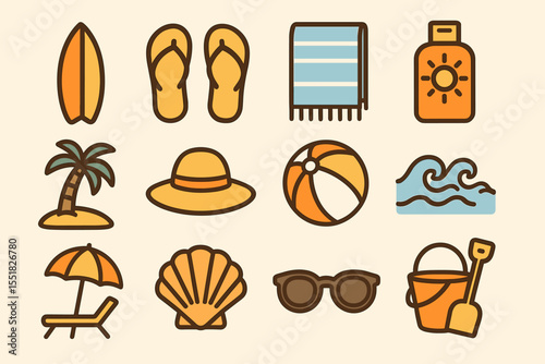 Summer beach essentials: surfboard, sandals, towel, sunscreen, and more icon set