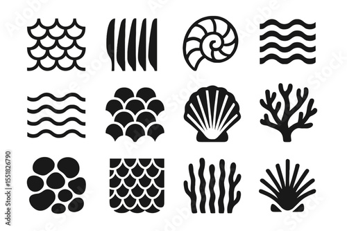 Nautical icons set featuring shells, waves, coral, and nautilus patterns