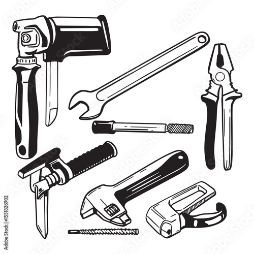 Assortment of hand tools in black and white isolated against a white background