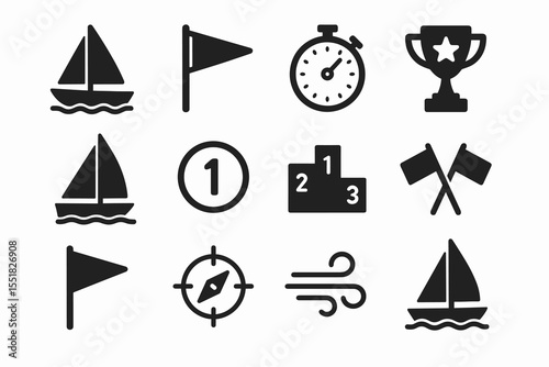 Sailing and racing icons: sailboats, flags, stopwatch, trophy, compass, wind symbols