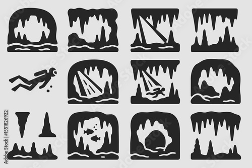 Silhouette icons of cave exploration and diving scenes in various speleology settings