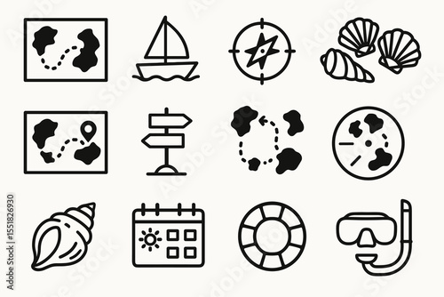 Travel and adventure icon set with maps, compass, boat, shells, and snorkel designs