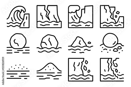 Set of earthquake and tsunami disaster icons