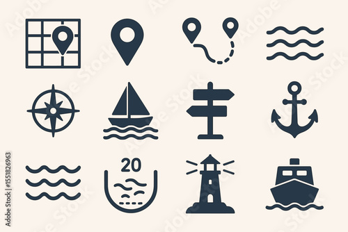 Nautical icons: navigation symbols with boat, anchor, and lighthouse