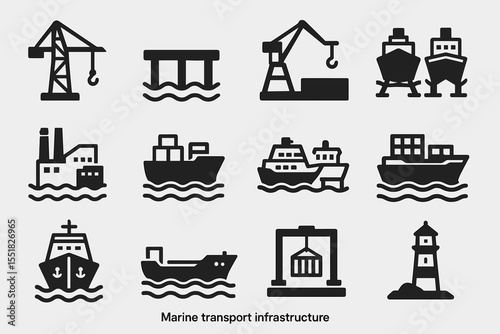 Marine transport infrastructure icons: ships, cranes, lighthouses, cargo