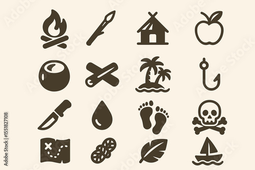 Survival symbols collection: campfire, shelter, nature, tools, adventure icons