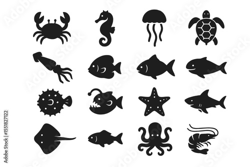 Silhouette icons of marine creatures: fish, jellyfish, seahorse, octopus, turtle