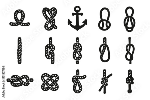 Collection of nautical knots and anchor silhouettes on brown background