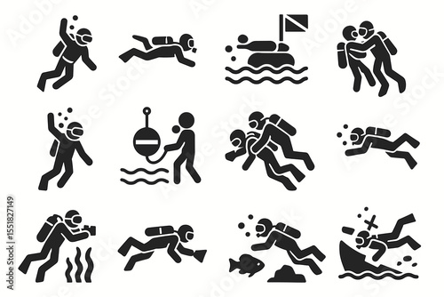 Scuba diving safety and rescue icon set with divers in action