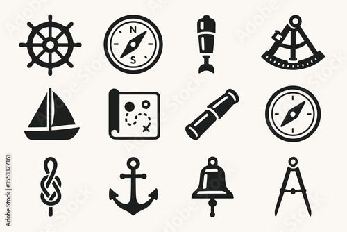 Nautical icons collection: compass, anchor, map, telescope, ship, rudder, knot, bell